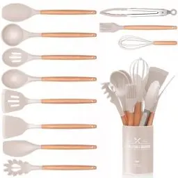 Produktbild: 12 Stück Küchenhelfer Set, Silikon Küchenutensilien Set, Antihaft Hitzebeständiger Holzgriff Kochbesteck mit Utensilienhalter, Silikonspatel Kochgeschirr Set, Spülmaschinengeeignet (Khaki)