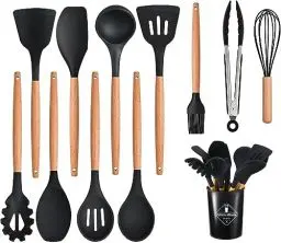 Produktbild: 12 Stück Küchenhelfer Set Silikon mit Utensilienhalter Kochlöffel Set Küchenutensilien Set Küche Komplett Kochbesteck Set Hitzebeständiger Kochgeschirr Set Antihaft Kochset (Schwarz)