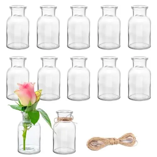 Produktbild: 12 Stück Mini Glasvasen, 125ml kleine Väschen mit Juteschnur, Blumenvasen Tischvasen Glasvasen Dekoflaschen Glasflaschen, Glasfläschchen für Tischdeko Mittelstücke, Hochzeitsdekorationen