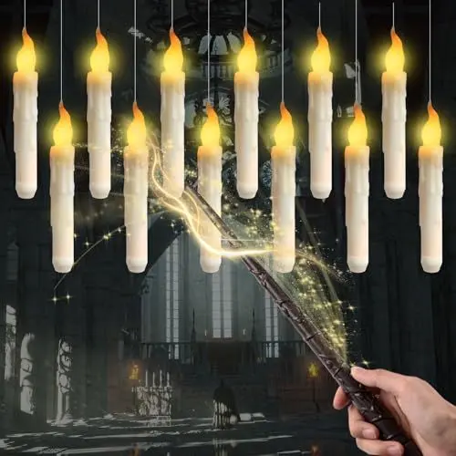 Produktbild: 12 Stück Schwebende Kerzen mit Zauberstab, LED Stabkerzen mit Fernbedienung, Flackernde Flamme, Flammenlose Hängende Fliegende Kerzen für Halloween Deko, Weihnachtsdeko, Herbstdeko, Batteriebetrieben