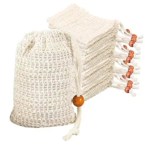 Produktbild: 12 Stück Seifensäckchen für Feste Seife, Seifenbeutel für Feste Seife, Seifensäckchen aus 100% Sisal Baumwolle, Seifensack Zum Duschen, Natur Mesh Seifentasche mit Kordelzug für Haarseife Duschgel