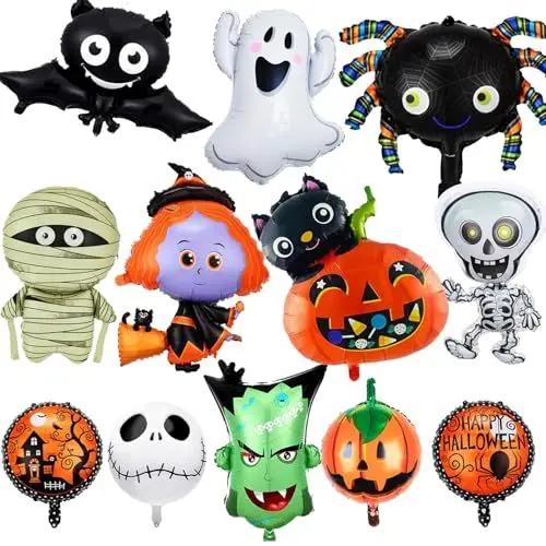 Produktbild: 12 Stück Übergroße Halloween Luftballons Halloween Folienballons Riese, Halloween Deko, Fledermäuse, Hexen, Geister, Skelette, Spinnen, Kürbisse Helium Luftballons