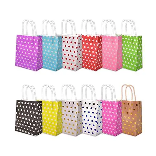 Produktbild: 12 Stück | Bunte Geschenktüten | Geschenktasche | Tragetasche | Gepunktet | Papiertasche mit Henkel Geschenk Mitgebsel Kraftpapier Tasche Beutel Geschenkverpackung Party