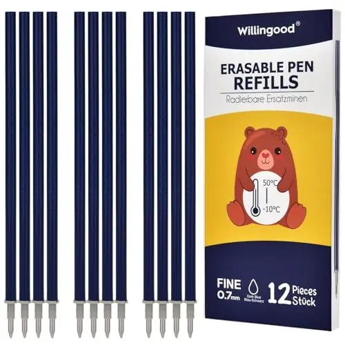 Produktbild: (12 Stück) - Willingood Radierbare Ersatzminen, Kompatibel mit Legami (Blauschwarze), Tintenroller Radierbar, Spitze 0,7 mm,Nachfu llminen mit radierbarer Tinte