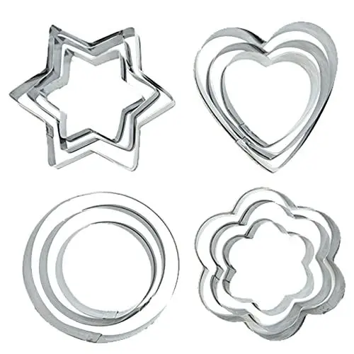 Produktbild: 12 Stücke Edelstahl Ausstechformen Set, Fondant Ausstechformen Keksausstecher Cookie Cutter, Plätzchen Ausstecher Weihnachten Backzubehör Stern Rund Herz Blumen Geometrie