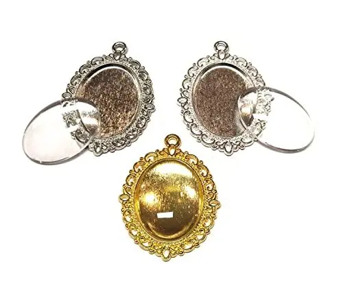 Produktbild: 12 Teile 6 Stück Charm Leere Lünette Tablett Medaillons Metall Anhänger Fassungen Schmuck 18 x 25mm Oval 6 Stück Klar Glas Cabochon Bastelset (Gemischt)