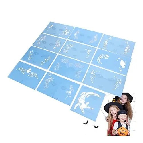 Produktbild: 12 Wiederverwendbare Gesichtsmalschablonen, Wiederverwendbare Gesichtsmal-Kits, Halloween-Schablonen Zum Malen, für Körperkunst-Malerei, Halloween-Party, Make-up, Temporäre Tattoos-Schablonen