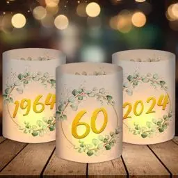 Produktbild: 12 Windlicht Tischdeko 60 Geburtstag, Deko 60. Geburtstag Mann Frau, Diamantene Hochzeit Deko Tisch, 1964 Geburtstag Frau Mann, 60 Jahre Happy Birthday Deko Eukalyptus Grün, für Teelichter/Kerzen