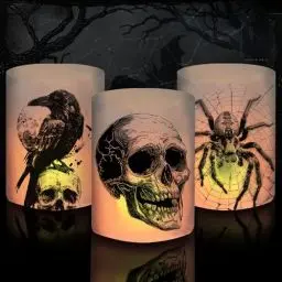 Produktbild: 12 Windlicht Tischdeko Halloween Dekoration, Halloween Deko Innen Outdoor Garten Gruselig, Horror Deko mit Totenkopf Krähe Spinne, Halloween Deko Kinder Geburtstag Party Set, für Teelichter/Kerzen