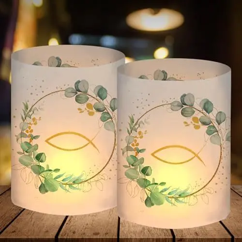 Produktbild: 12 Windlicht Tischdeko Kommunion, Konfirmation, Taufe, Firmung und mehr, Erstkommunion Deko Eukalyptus Grün, Taufdeko Junge Mädchen Gastgeschenke, Schön DASS Du Da Bist, für Teelichter oder Kerzen