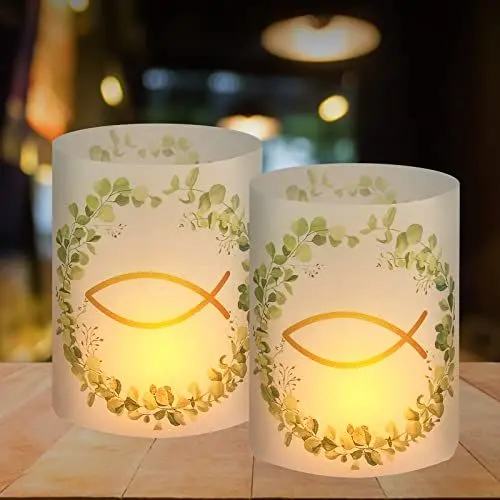 Produktbild: 12 Windlicht Tischdeko Kommunion Taufe Konfirmation Christliche, Erstkommunion Deko Mädchen Junge, Konfirmation Geschenke, Kommunionsgeschenke, Geeignet für Teelichter oder Kerzen, Fisch Eukalyptus
