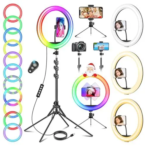 Produktbild: 11.5 Zoll Ringlicht mit Stativ Handy, Tisch LED Ring Light Kamera Handystativhalter mit Ringleuchte für YouTube, Selfie, Makeup, Fotografie, 40 RGB-Modi 13 Helligkeit