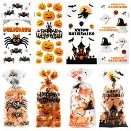 Produktbild: 120 Stück Cellophantüten, Halloween Tüten, Halloween Süßigkeiten Tüte mit Twist Krawatten, Halloween Tüten für Süßigkeiten, Tütchen Zum Befüllen, Zellophantüten Klein für Plätzchen Kekse Pralinen