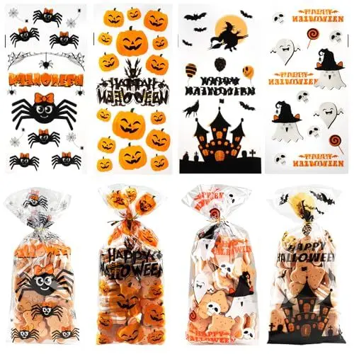Produktbild: 120 Stück Cellophantüten, Halloween Tüten, Halloween Süßigkeiten Tüte mit Twist Krawatten, Halloween Tüten für Süßigkeiten, Tütchen Zum Befüllen, Zellophantüten Klein für Plätzchen Kekse Pralinen