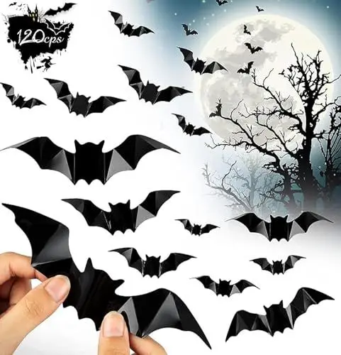 Produktbild: 120 Stück Halloween 3D Fledermäuse Wand Aufkleber, 4 Größen Fledermaus Gruselige Fledermaus-Wanddekoration,Halloween Fledermaus Aufkleber für Fenster Wand, DIY Halloween-Partyzubehör
