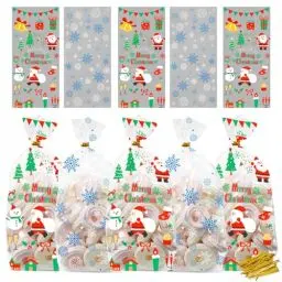 Produktbild: 120 Stück Plätzchentüten Weihnachten, Cellophantüten mit Twist Krawatten, Süßigkeiten Tüten, Kekstüten Transparent, Tüten Zum Befüllen, Popcorn Tüten für Süßigkeiten Kekse Pralinen (Transparent C)