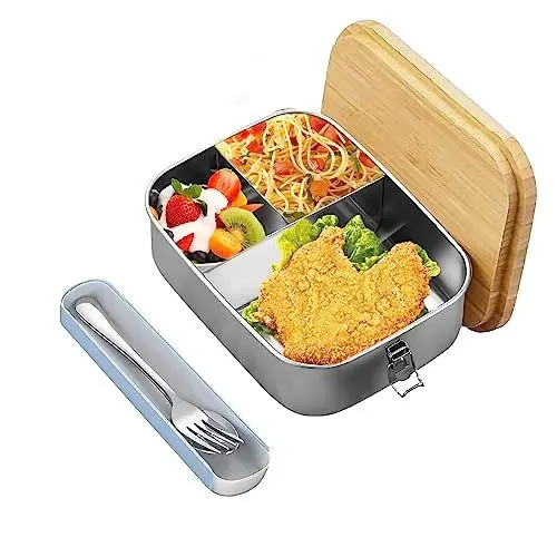 Produktbild: 1200ML Bento Box für Erwachsene/Kinder, Bento Lunchbox, Premium Edelstahl Lunchbox mit Holzdeckel 1200ML, Brotdose mit 3 Fächern, Mikrowelle, Spülmaschine Sicher, Geeignet für Schule,Arbeit,Picknick