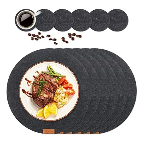 Produktbild: 12er Set Premium Tischset Platzset aus Filz, 6 Rund Platzsets mit 6 Untersetzer Abwaschbar Hitzebeständig und rutschfest Tischuntersetzer Platzdeckchen für Küche, Partz, Hochzeit (Dunkelgrau)