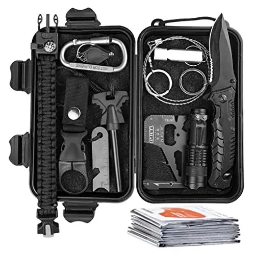 Produktbild: 12-in-1-Überlebenskit Outdoor-Campingbrett Wandern Notfall-Überlebenswerkzeuge, Taschenlampen-Kompass-Überlebensarmbänder und andere Selbsthilfewerkzeuge