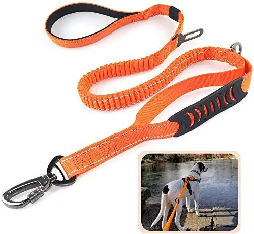 Produktbild: 1,2m Bungee Hundeleine zum Spazierengehen, Reflektierende Elastische Hundeleine mit Komfort 2 Gepolsterten Griffen zum bessere Kontrolle, Mehrfachverwendung Hundeleine mit Sicherheitsgurt Schnalle