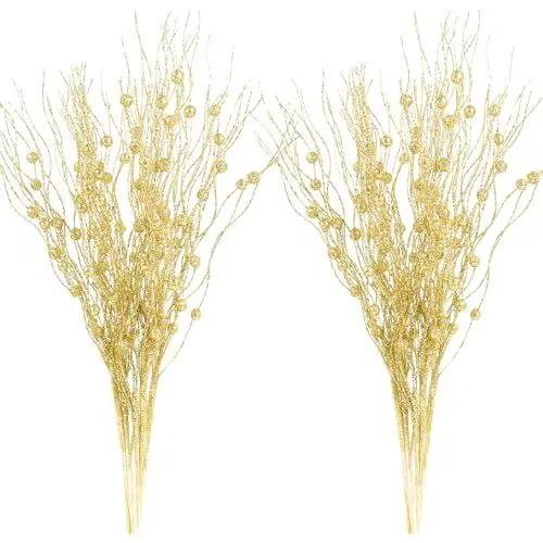 Produktbild: 12Pack künstliche Glitter Rollen Beerenstamm Ornamente, 41cm Gold Beeren Stiele Zweig dekorative Sticks für Christbaumschmuck Weihnachtsdeko Adventskranz Deko Weihnachtsgirlande Türkranz Weihnachten