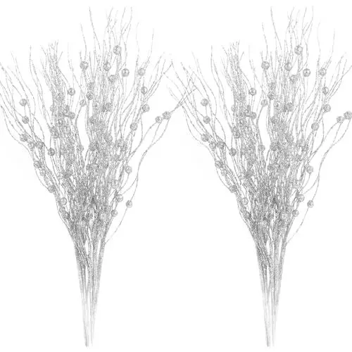 Produktbild: 12Pcs Künstliche Glitter Rollen Beerenstamm Ornamente, 41cm Silber Beeren Stiele Zweig Dekorative Sticks für Christbaumschmuck Weihnachtsdeko Adventskranz Deko Weihnachtsgirlande Türkranz Weihnachten