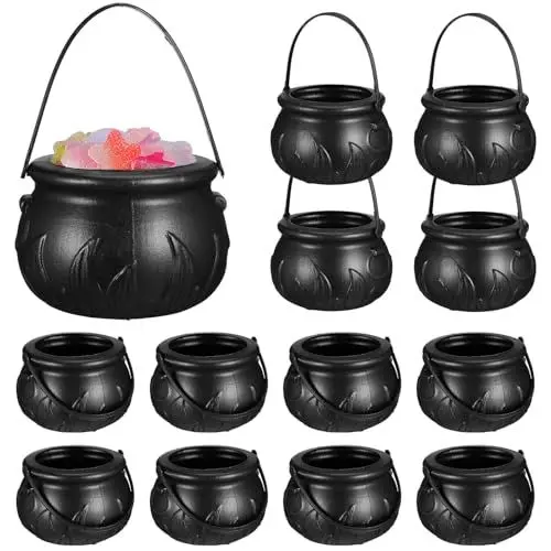 Produktbild: 12 Stück Hexenkessel, Halloween kleine Kessel Deko, 9x7cm Kleiner schwarzer Kessel Plastik Halloween Süßigkeiten Kessel Kinder Süßes oder Saures Eimer Hexenkessel für Halloween Deko Tischdeko