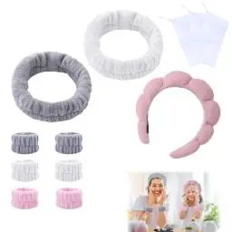 Produktbild: 12stück SPA Stirnband Set, Gesicht Stirnband mit Handgelenkbändern, Gesichtswasch-Stirnband, Bubble Nets, Schweißband, Haarbänder für Mädchen und Frauen, Makeup, Sport