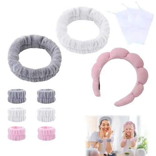 Produktbild: 12stück SPA Stirnband Set, Gesicht Stirnband mit Handgelenkbändern, Gesichtswasch-Stirnband, Bubble Nets, Schweißband, Haarbänder für Mädchen und Frauen, Makeup, Sport