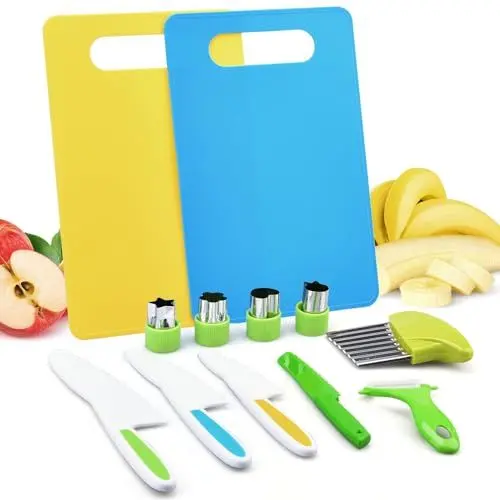 Produktbild: Kindermesser Set 12-Teiliges, Kinder Küchenmesser, Sicherheit Kndermesser ab 2 Jahre, Montessori Messer, Kinder Kochset zum Schneiden und Kochen von Obst oder Gemüse,Beliebtes Geschenk zum Geburtstag