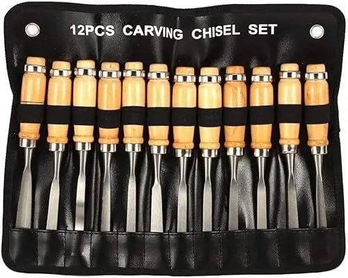 Produktbild: 12-teiliges Holzschnitz-Handmeißel-Set, Klingen, Polierte Holzgriffe, Bequemer Griff, Schützendes Kunststoffgehäuse, Ideal für Tischler und Künstler