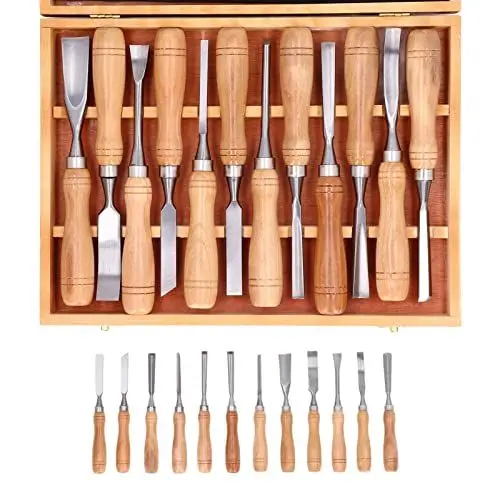 Produktbild: 12-teiliges Holzschnitzwerkzeug, Holzschnitzset mit Holzaufbewahrungsbox, CRV Blade Holzschnitzwerkzeuge Meißel-Set für Löffel, Schüssel, Becher Holzbearbeitung