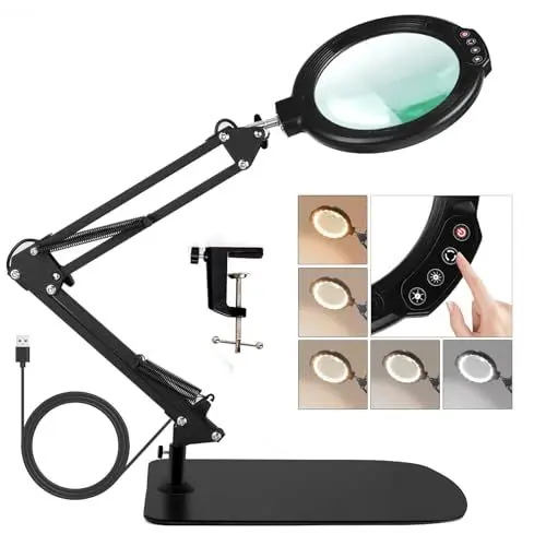 Produktbild: 12X große Lupe mit Licht und Ständer, Lupe mit 5 Farbmodi 10 dimmbare Helligkeit, 2-in-1-Schreibtischlampe mit Klemme, Hände frei beleuchtete Lupe für Enge Arbeit, Lesen Handwerk