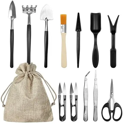 Produktbild: 13 Stück Gartenwerkzeug Set, Gartenwerkzeug mit Aufbewahrungsbeutel, Bonsai Werkzeug, Bonsai Zubehör, Bonsai Werkzeug Set Geeignet für Innen und Außenbereich Blumen Garten Gemüse Pflanzen (Schwarz)