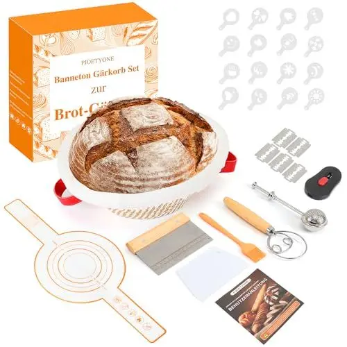Produktbild: 13 Teiliges Gärkorb Brot Set für Sauerteig, 23cm Baumwolle Gärkörbchen rund Brot Backen Zubehör Komplettset, Brotbackzubehör Geschenk für Anfänger Erfahrener Bäcker, Brotbacken (Anfängerversion)