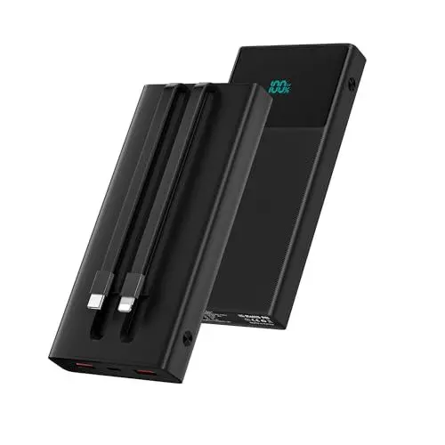 Produktbild: 13000mAh Power Bank mit 2 eingebauten Kabeln, Externer Akkus Tragbares Ladegerät PD Schnellladegerät mit LED-Anzeige, Batterie-Pack Backup Ladegerät für iPhone, Android, etc (1-Pack)