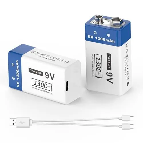 Produktbild: 1300mAh wiederaufladbare 9V-Batterien - JUBOTY Lithium-Ionen-Akku mit 1Typ-c-Ladekabel für Rauchmelder, drahtlose Mikrofone, LED-Beleuchtungsgeräte und mehr (2 Packungen, 9V,1300mAh)