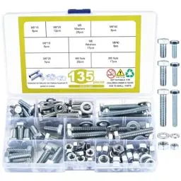 Produktbild: 135 STK M6 M8 Sechskantschrauben Muttern Set, Metrisch Sechskant Gewindeschrauben mit Muttern Set mit Unterlegscheiben Sortiment Kit ﻿ (Weiße Zinkfarbe)