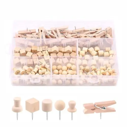 Produktbild: 135 Stück Pinnadeln Holz, Natur Holz Pinnnadeln mit Aufbewahrungsbox 6 Stile Reißzwecken Pinnwandnadeln Push Pins Clips und Heftzwecken, Reißnägel für Korkplatte Landkarte Fotos Handwerk