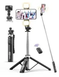 Produktbild: 135CM Selfie Stick mit 2 Fülllicht, All-in-1 Handy Stativ mit Abnehmbarer Fernbedienung, 360° Drehbarer Tragbar Stativ Handyhalterung Stabil Selfie Stange Kompatibel mit iPhone/Samsung/Android