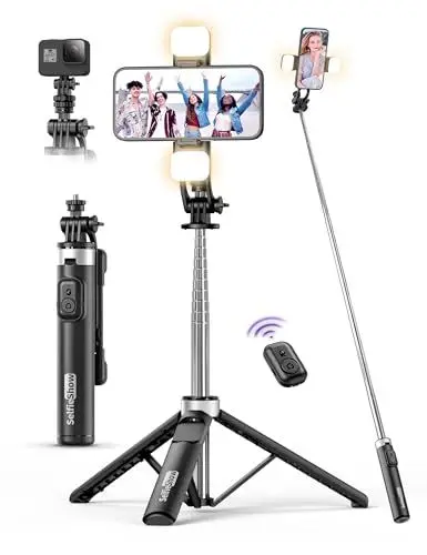 Produktbild: 135CM Selfie Stick mit 2 Fülllicht, All-in-1 Handy Stativ mit Abnehmbarer Fernbedienung, 360° Drehbarer Tragbar Stativ Handyhalterung Stabil Selfie Stange Kompatibel mit iPhone/Samsung/Android