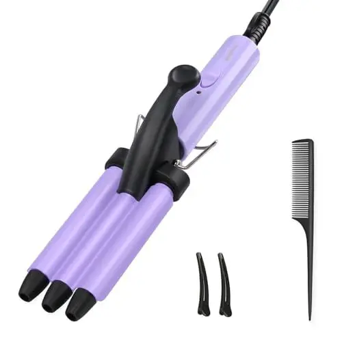 Produktbild: 13mm Welleneisen für haare - janelove Mini Lockenstab 3 Fässer Welleneisen für kurze haare, 200°C Keramik Beach waves Lockenstab Perfekt für Reisen - Lila