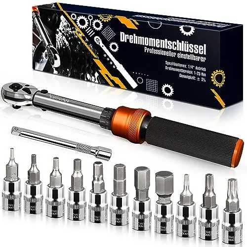 Produktbild: 13TLG Klein Drehmomentschlüssel Fahrrad 3-25NM, 1/4 Zoll Torque Wrench Set, 72 Zähne Umschaltknarre, Ratschenkasten inklusive mit Verlängerungsstange 10 cm, Innensechskant und Torx Bit Buchse