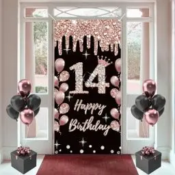 Produktbild: 14. Geburtstag Dekorationen für Mädchen, Happy 14 Years Old Stoff Schild Poster Rosegold Hintergrund Tür Banner, 14. Geburtstag Party Supplies Foto Hintergrund Willkommensschild, 180 cm x 90 cm