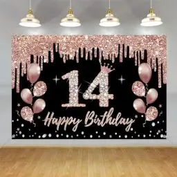 Produktbild: 14 Geburtstag Dekorationen für Mädchen - Party Dekoration Schwarz und Roségold, Stoffschild, Hängende Poster, Hintergrund Banner, Willkommensschild