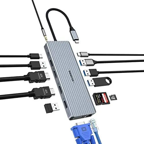 Produktbild: 14 in 1 Triple Display USB C Docking Station, Dual HDMI USB C Hub Adapte mit 2 HDMI 4K, VG, 10GB USB 3.1, 10GB UCB-C 3.1, 4xUSB 2.0, 100W PD, Ethernet, SD/TF, Audio für Windows/macOS