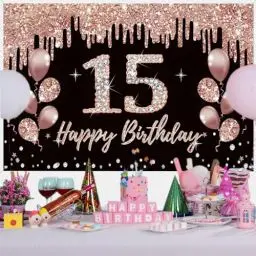 Produktbild: 15. Geburtstag Dekoration für Mädchen, Party Dekoration Schwarz und Roségold, 15. Geburtstag Stoffschild Hängeposter, 15. Geburtstag Hintergrund Banner Party Willkommensschild
