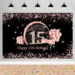 Produktbild: 15. Geburtstag Mädchen Deko, 15 Geburtstag Banner Schwarz und Roségold, Happy 15th Birthday Stoff Schild Plakat Hintergrund Banner Für Mädchen Geburtstagsfeier Dekoration