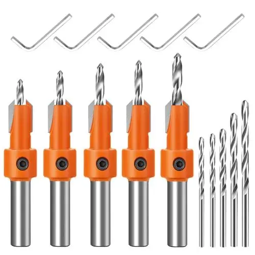 Produktbild: 15 Stück Bohrer mit Senker, 8 mm Senkbohrer Holz Kegelsenker, Senker Holz, Holzbohrer mit Senker, Bohrer mit Senker set mit 5 Austauschbare Zentrierbohrer, 5 Sechskantschlüssel
