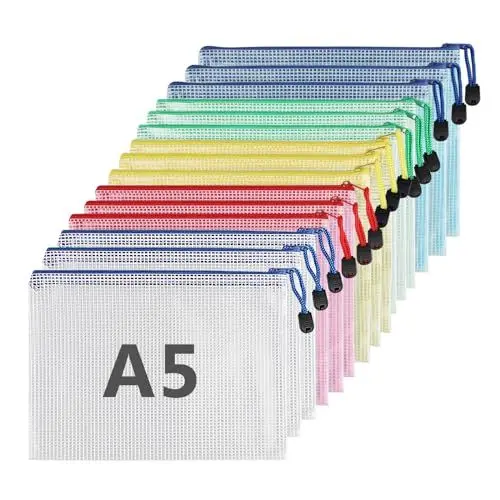 Produktbild: 15 Stück Dokumententasche mit Reißverschluss A5, Wasserdichte Bunte Document Case, Datei Tasche Kunststoff für Dokumente, Quittung, Papier, Schule, Prüfungsblatt, Kosmetik, Reise (5 Farben)